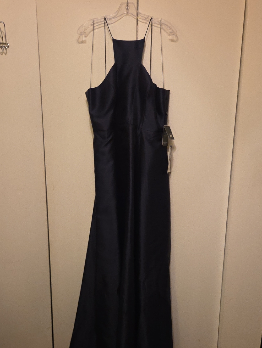 Adrianna Papell Navy Satin Halter Gown with Double Spaghetti Straps